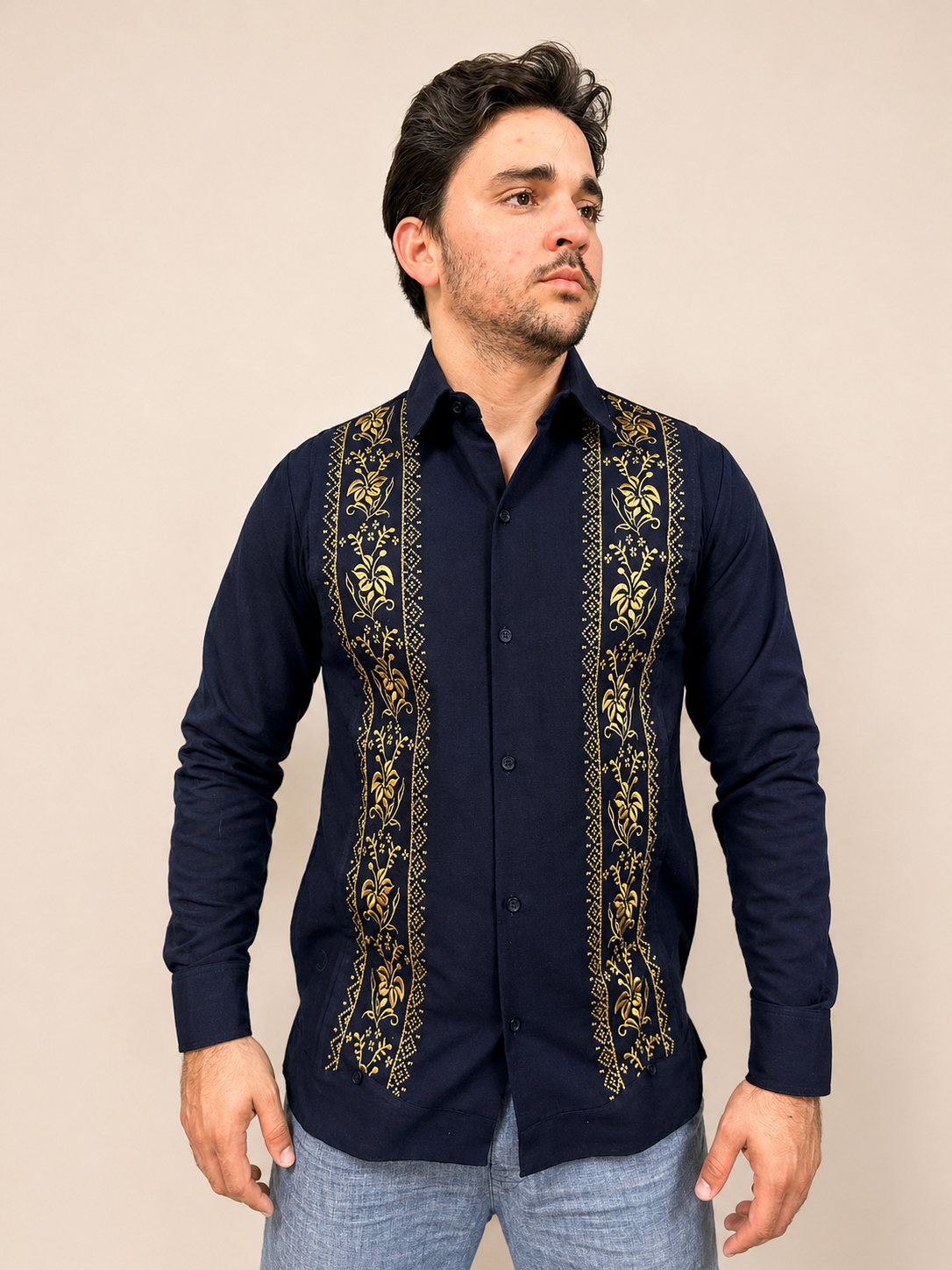 Men's Dark Blue Floral Embroidered Long Sleeve Guayabera