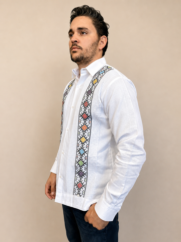 Guayabera Hombre Bordado Geométrico Multicolor Blanca