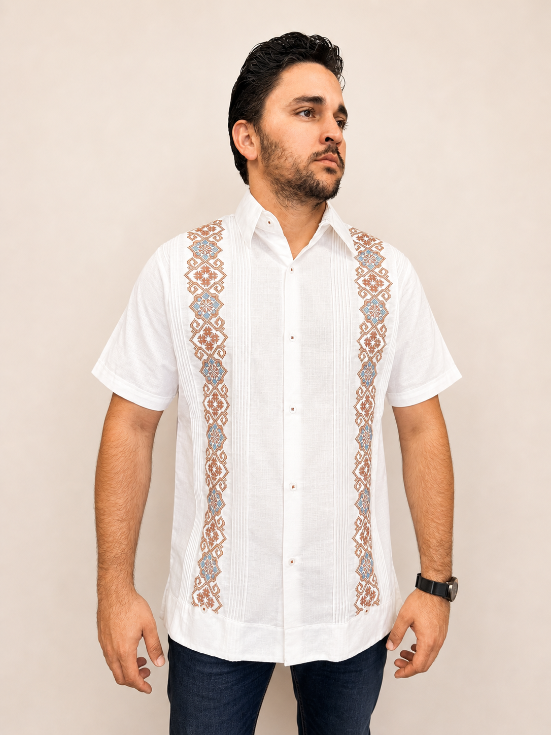 Guayabera Hombre Blanca Bordado Tierra y Azul
