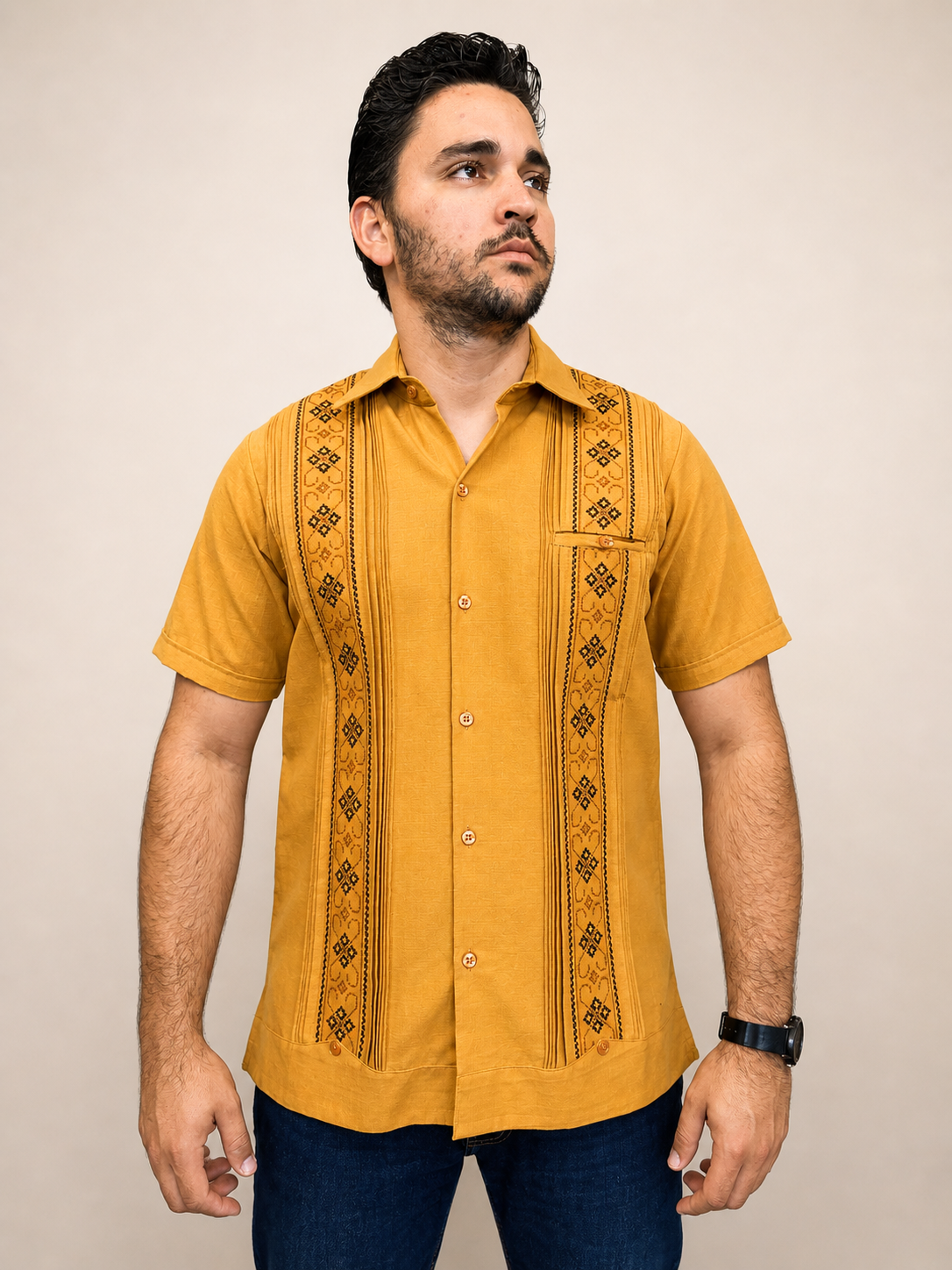 Guayabera Hombre Mostaza Bordado Tradicional Negro