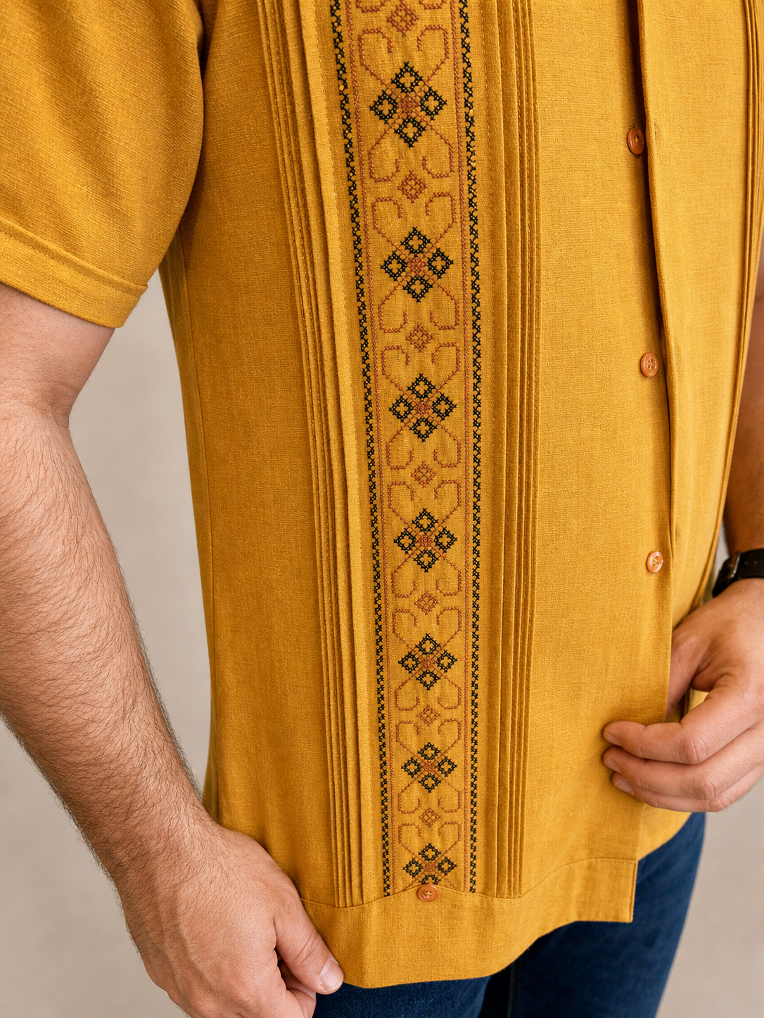 Guayabera Hombre Mostaza Bordado Tradicional Negro